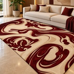 Home Luxury Burgundy Cream Abstract Swirl Area Rug