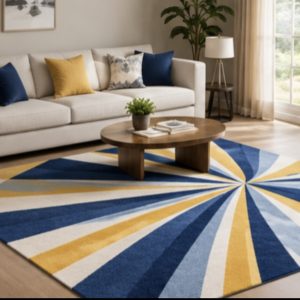 blue gold radial area rug navy cream mustard