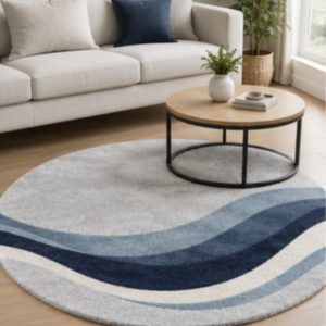grey blue abstract wave round rug cream navy