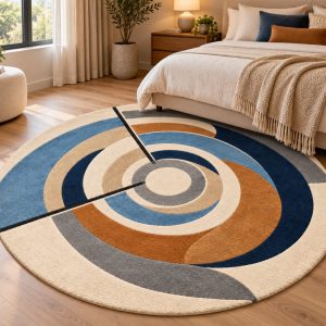 Store modern abstract round area rug blue beige rust