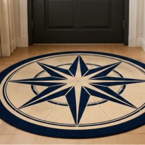 Store navy compass star round area rug blue cream
