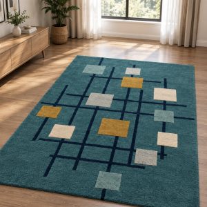 teal geometric area rug blue gold cream